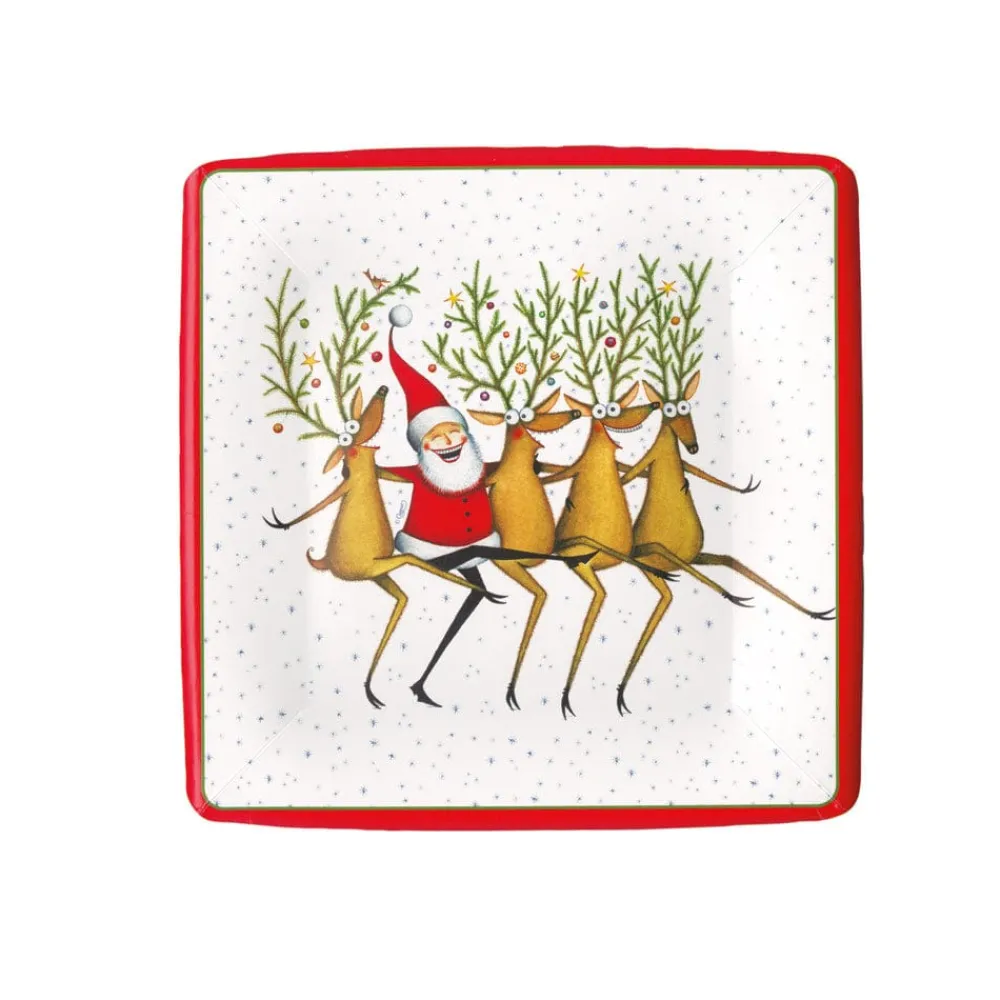 Caspari Christmas Plates|Paper Salad And Dessert Plates|Santa's Kickettes Square Paper Salad & Dessert Plates - 8 Per Package