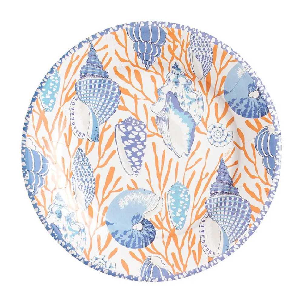 Caspari Paper Salad And Dessert Plates|Shell Toile Salad & Dessert Plates in Coral & Blue - 8 Per Package