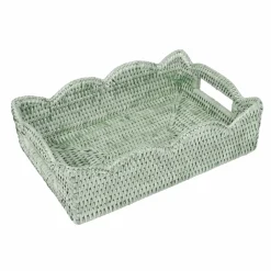 Caspari Summer Picnic|Rattan Trays And Accessories|Small Scalloped Rattan Tray in Green- 11.75"L x 7.75"W x 3.5"H