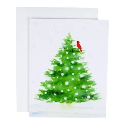 Caspari Christmas And Holiday Cards|Boxed Holiday Cards|Snowy Tree with Cardinal Petite Boxed Christmas Cards - includes 15 cards & envelopes