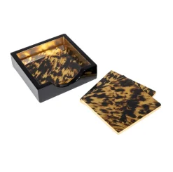Caspari Lacquerware|Cocktail Party|Tortoiseshell Set Of 4 Lacquer Coasters - 4" Diameter