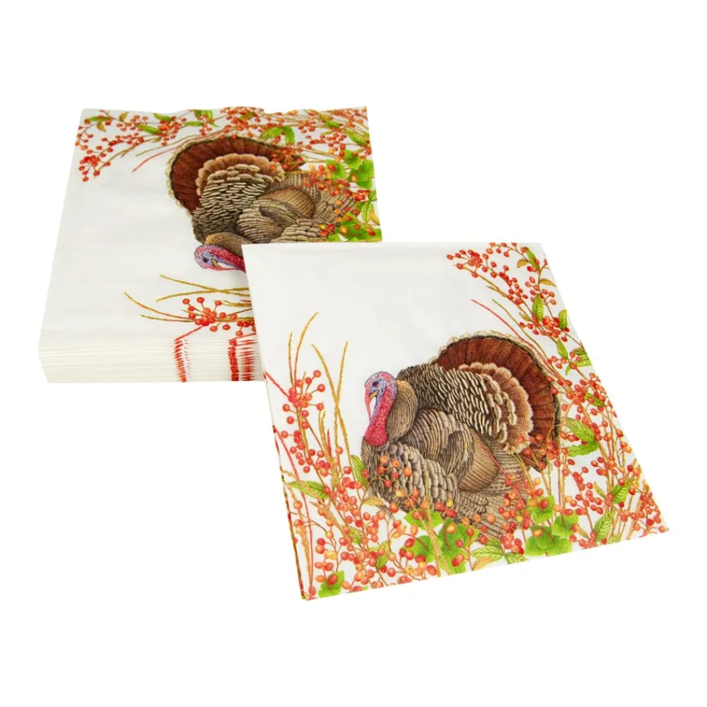 Caspari Thanksgiving|Paper Luncheon Napkins|Turkey And Berries Luncheon Napkins - 20 Per Package