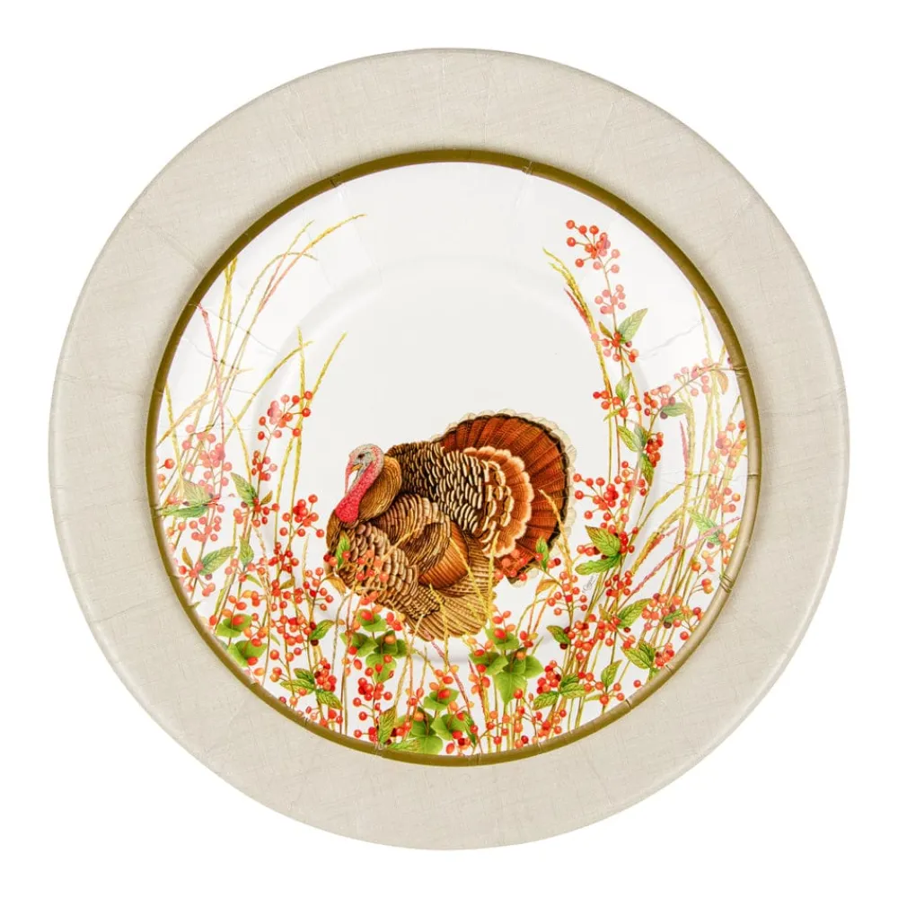 Caspari Thanksgiving|Paper Salad And Dessert Plates|Turkey And Berries Paper Salad & Dessert Plates - 8 Per Package