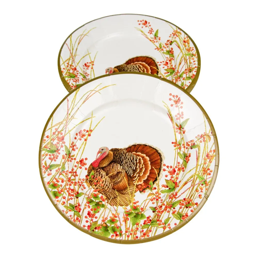 Caspari Thanksgiving|Paper Salad And Dessert Plates|Turkey And Berries Paper Salad & Dessert Plates - 8 Per Package