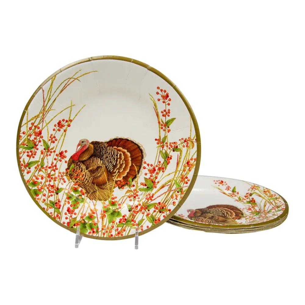 Caspari Thanksgiving|Paper Salad And Dessert Plates|Turkey And Berries Paper Salad & Dessert Plates - 8 Per Package