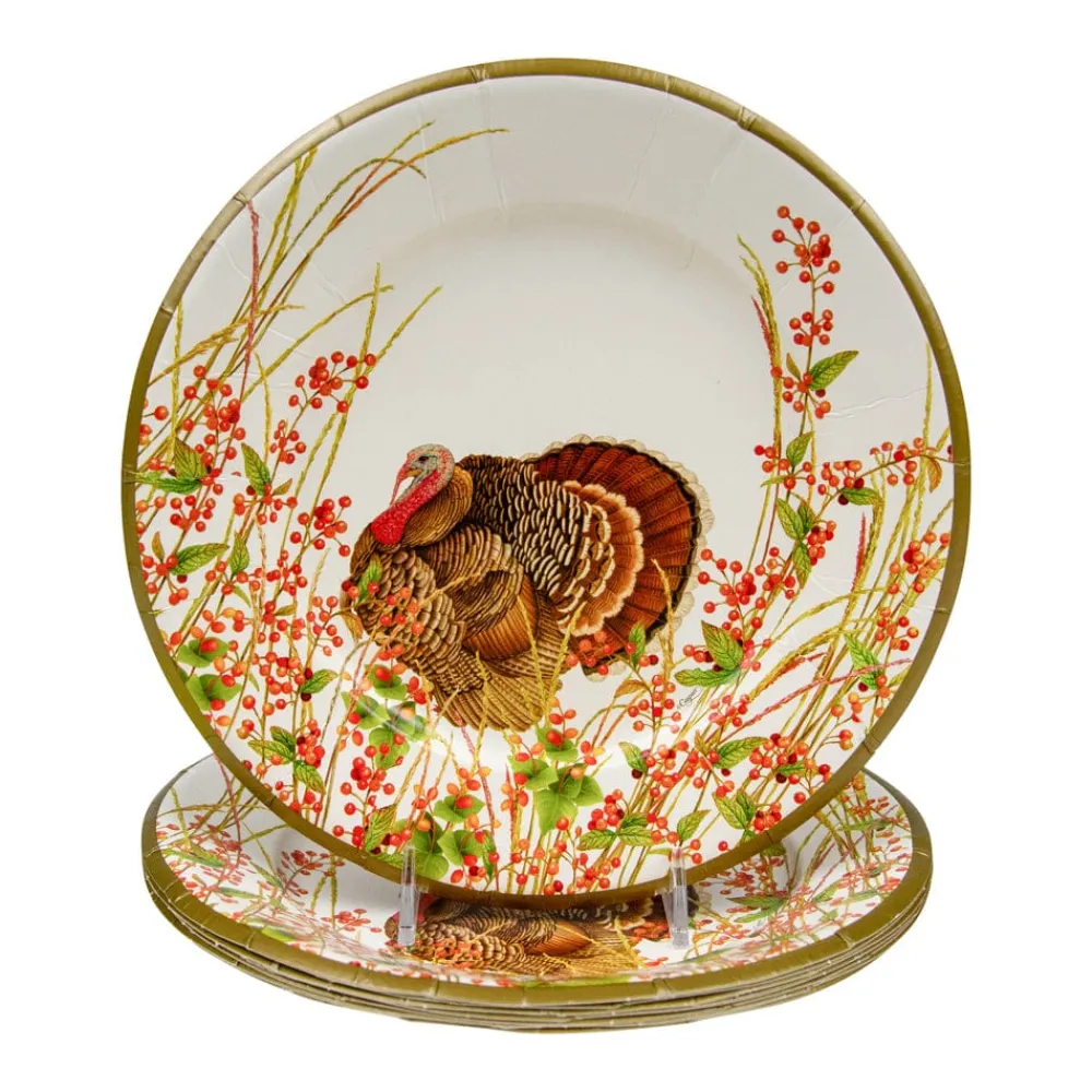 Caspari Thanksgiving|Paper Salad And Dessert Plates|Turkey And Berries Paper Salad & Dessert Plates - 8 Per Package