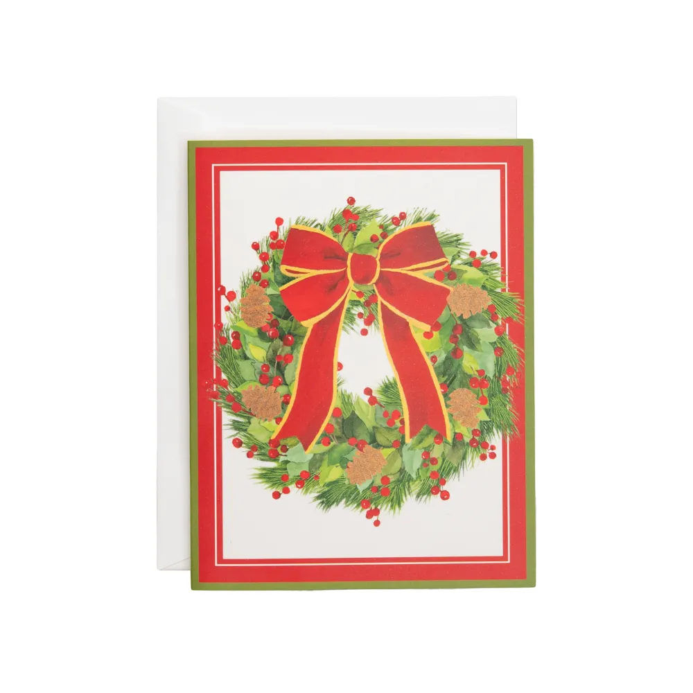 Caspari Christmas And Holiday Cards|Boxed Holiday Cards|White Pine And Red Bow Wreath Classic Boxed Christmas Cards - includes 15 cards & envelopes