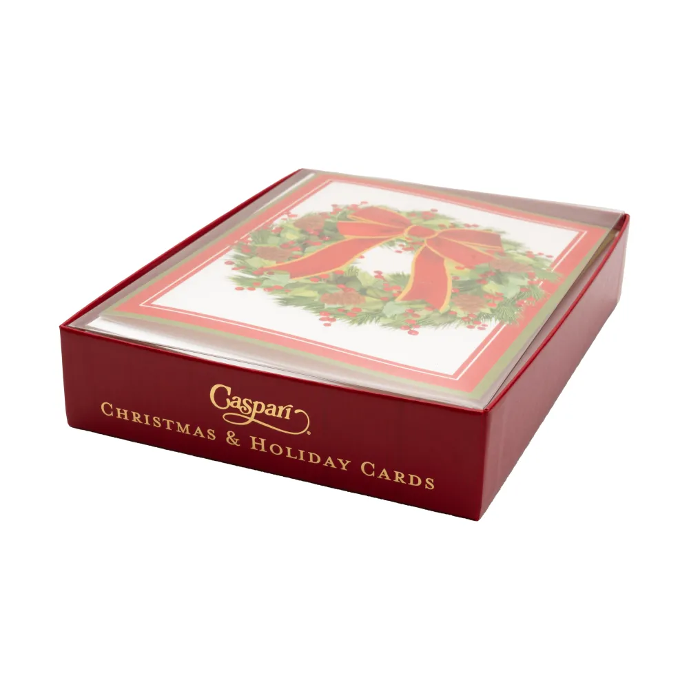 Caspari Christmas And Holiday Cards|Boxed Holiday Cards|White Pine And Red Bow Wreath Classic Boxed Christmas Cards - includes 15 cards & envelopes