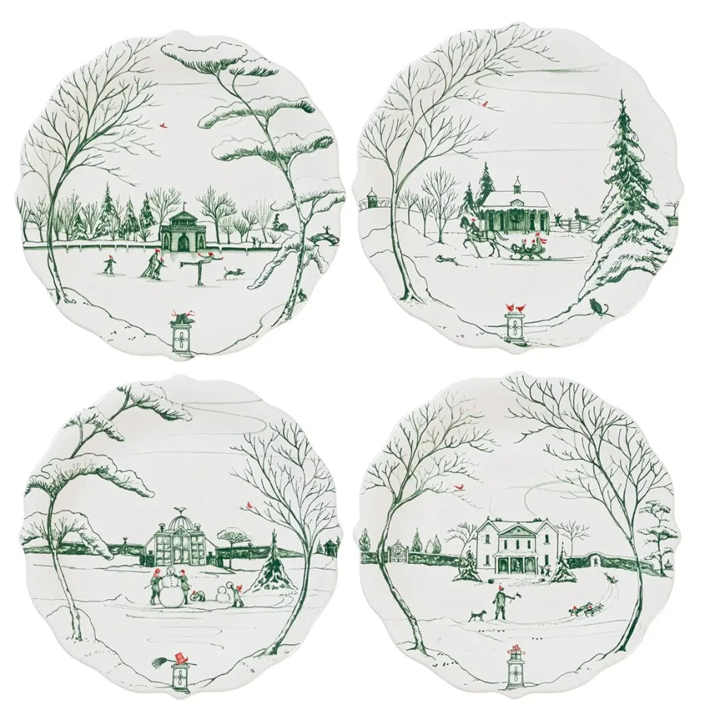 Juliska Serving Platters & Bowls|Ceramic Plates & Dinnerware|Winter Frolic Party Plates Assorted Set of 4 - Evergreen