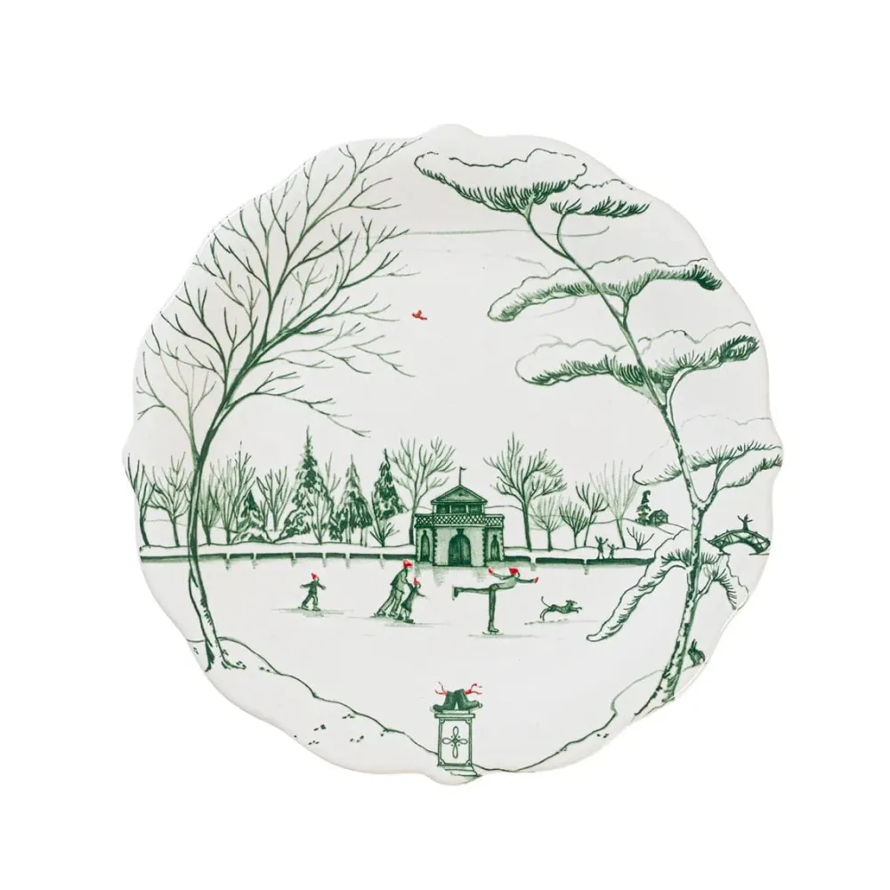 Juliska Serving Platters & Bowls|Ceramic Plates & Dinnerware|Winter Frolic Party Plates Assorted Set of 4 - Evergreen