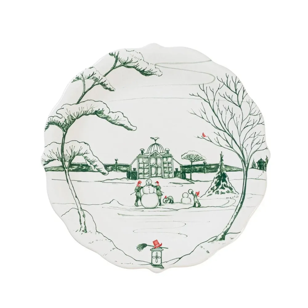 Juliska Serving Platters & Bowls|Ceramic Plates & Dinnerware|Winter Frolic Party Plates Assorted Set of 4 - Evergreen