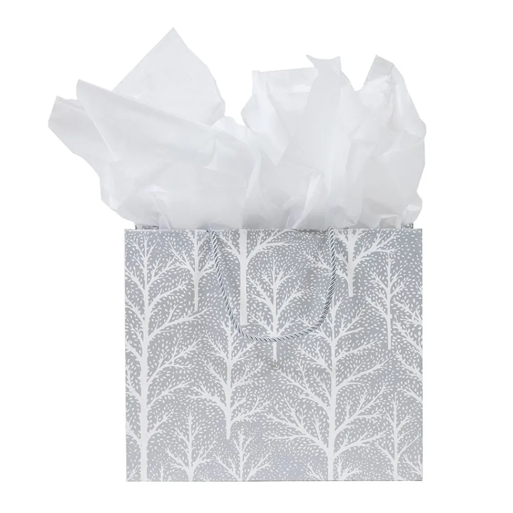 Caspari Christmas Gift & Bottle Bags|Gift & Bottle Bags|Winter Trees Silver Large Gift Bag - 1 Each