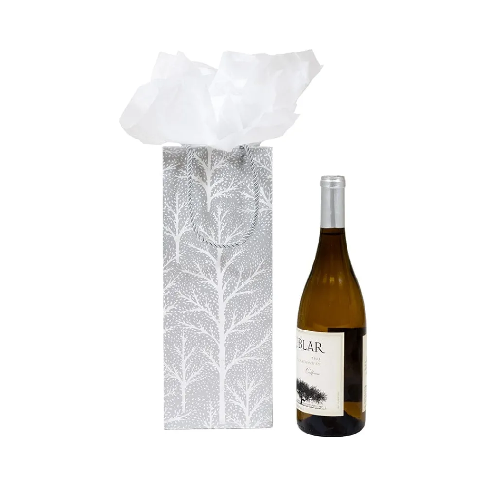 Caspari Christmas Gift & Bottle Bags|Gift & Bottle Bags|Winter Trees Silver Wine & Bottle Gift Bag - 1 Each