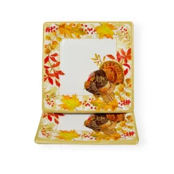 Caspari Thanksgiving|Paper Salad And Dessert Plates|Woodland Turkey Square Paper Salad & Dessert Plates - 8 Per Package