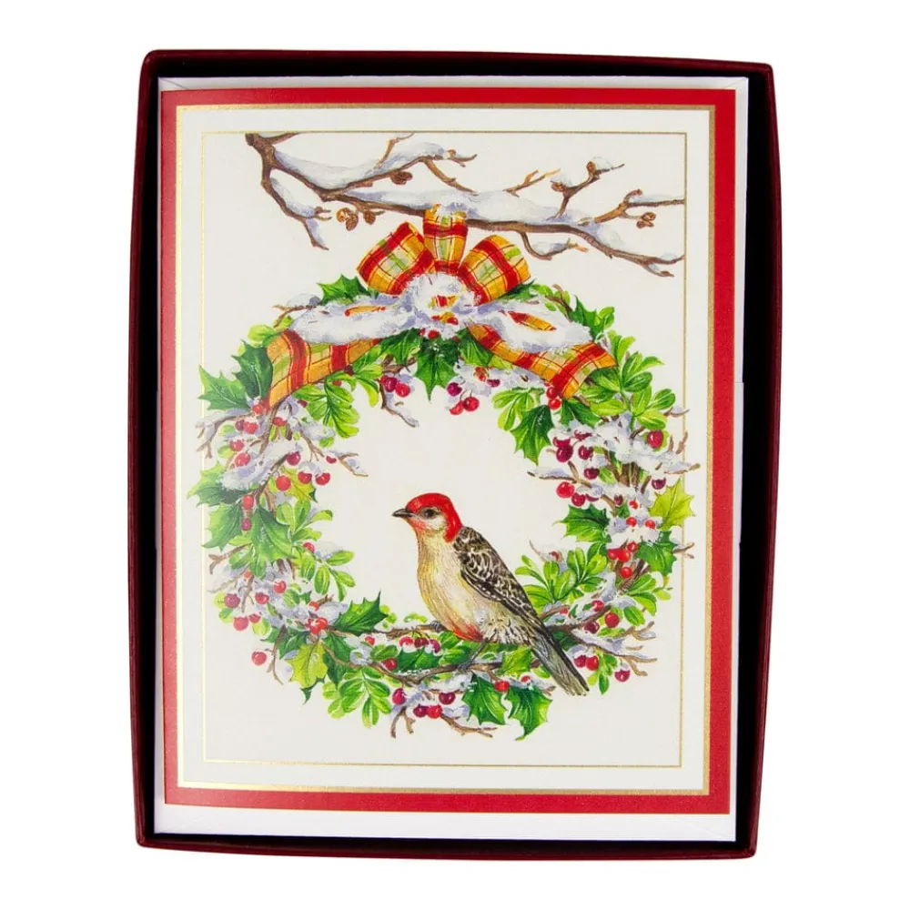 Caspari Christmas And Holiday Cards|Boxed Holiday Cards|Wreath And Woodpecker Petite Boxed Christmas Cards - includes 15 cards & envelopes