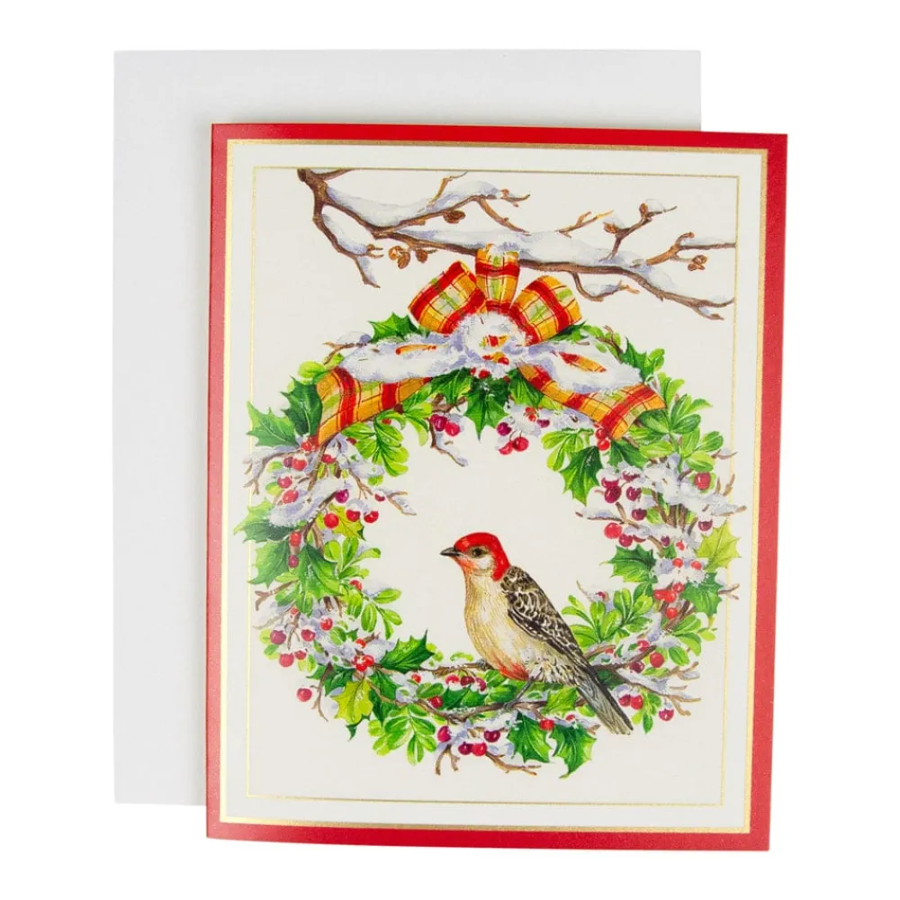 Caspari Christmas And Holiday Cards|Boxed Holiday Cards|Wreath And Woodpecker Petite Boxed Christmas Cards - includes 15 cards & envelopes
