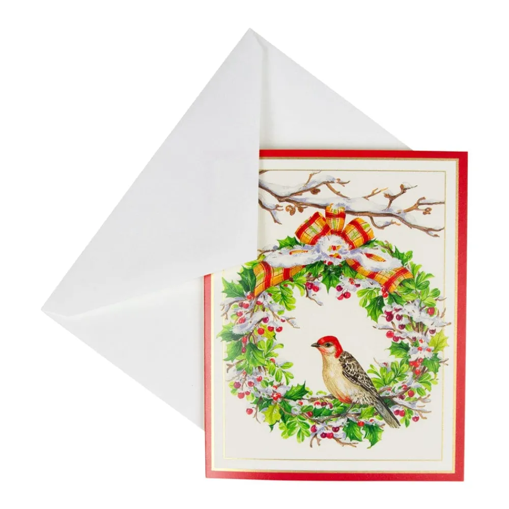 Caspari Christmas And Holiday Cards|Boxed Holiday Cards|Wreath And Woodpecker Petite Boxed Christmas Cards - includes 15 cards & envelopes