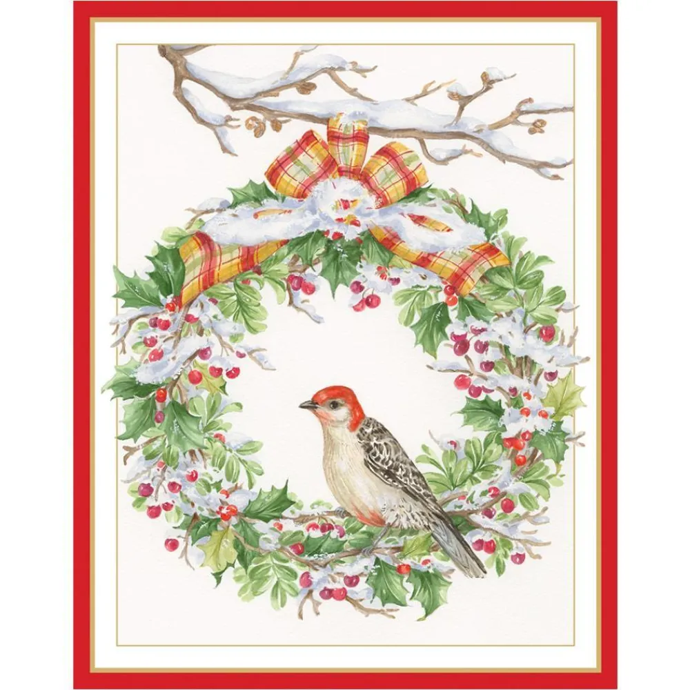 Caspari Christmas And Holiday Cards|Boxed Holiday Cards|Wreath And Woodpecker Petite Boxed Christmas Cards - includes 15 cards & envelopes