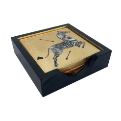 Caspari Coasters|Lacquer Trays And Accessories|Zebras Gold Lacquer Coasters - Set Of 4 Coasters In Holder